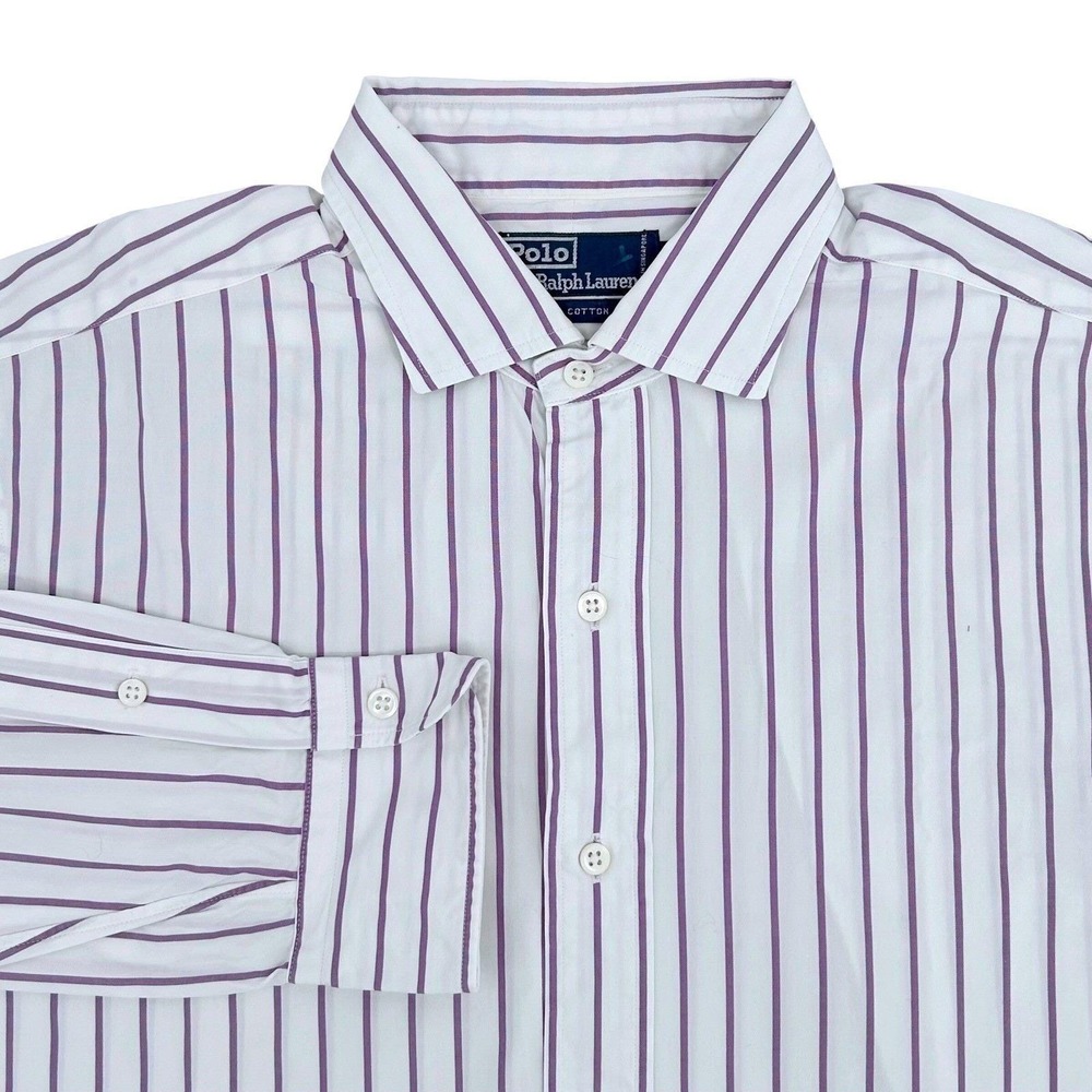 Polo Ralph Lauren Shirt Mens 16.5 White Purple Striped Classic Fit Preppy Office